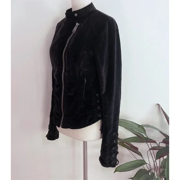 EUC Free People Lacey Velvet Corset Lace Tied Black Moto Jacket Small​​​​​